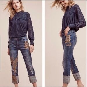 Anthropologie Medium Blue Cropped Jeans with Gold Floral Appliqué
